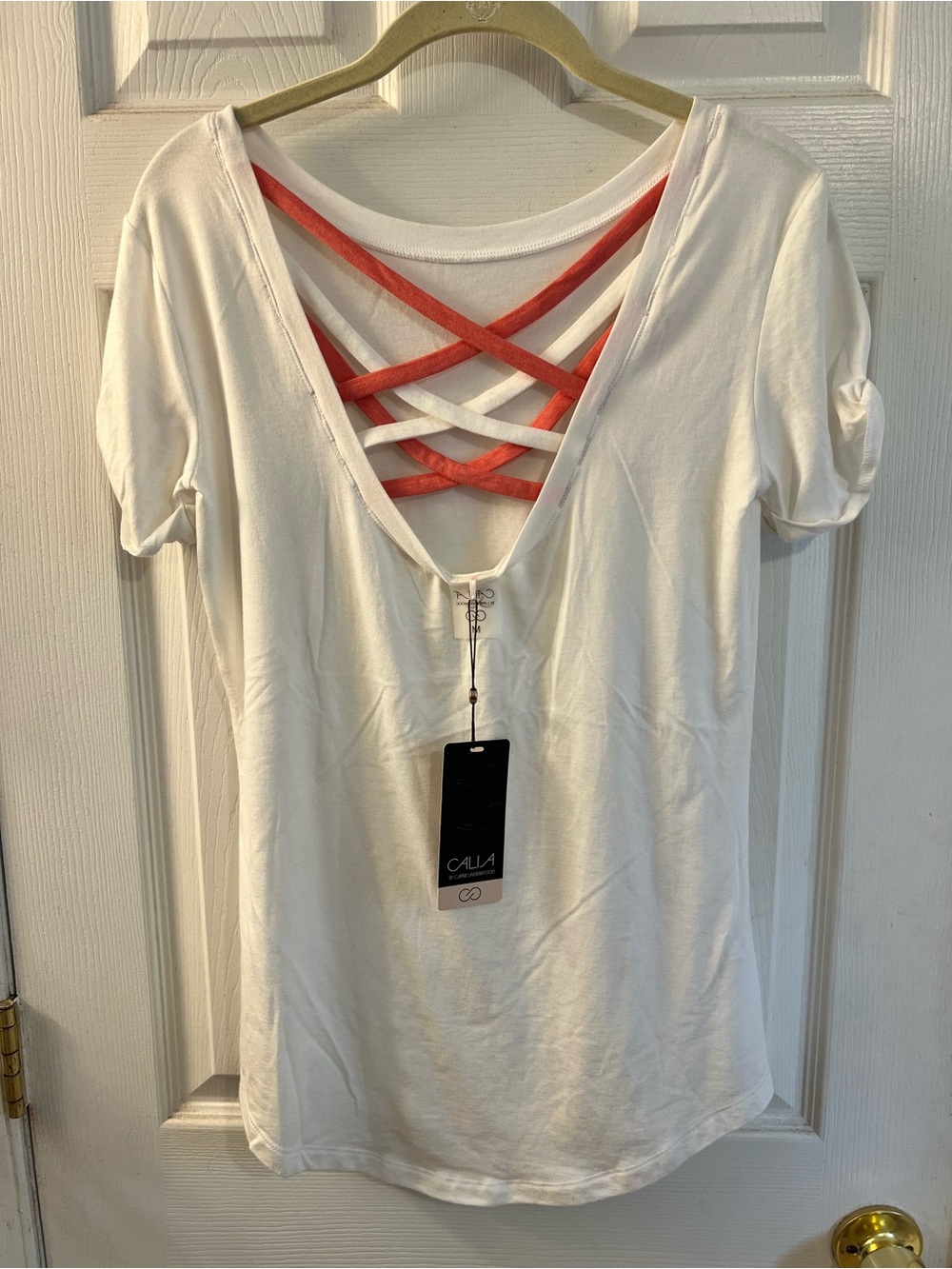 CALIA by Carrie Underwood White Short-Sleeve Tee with Coral Crisscross Back